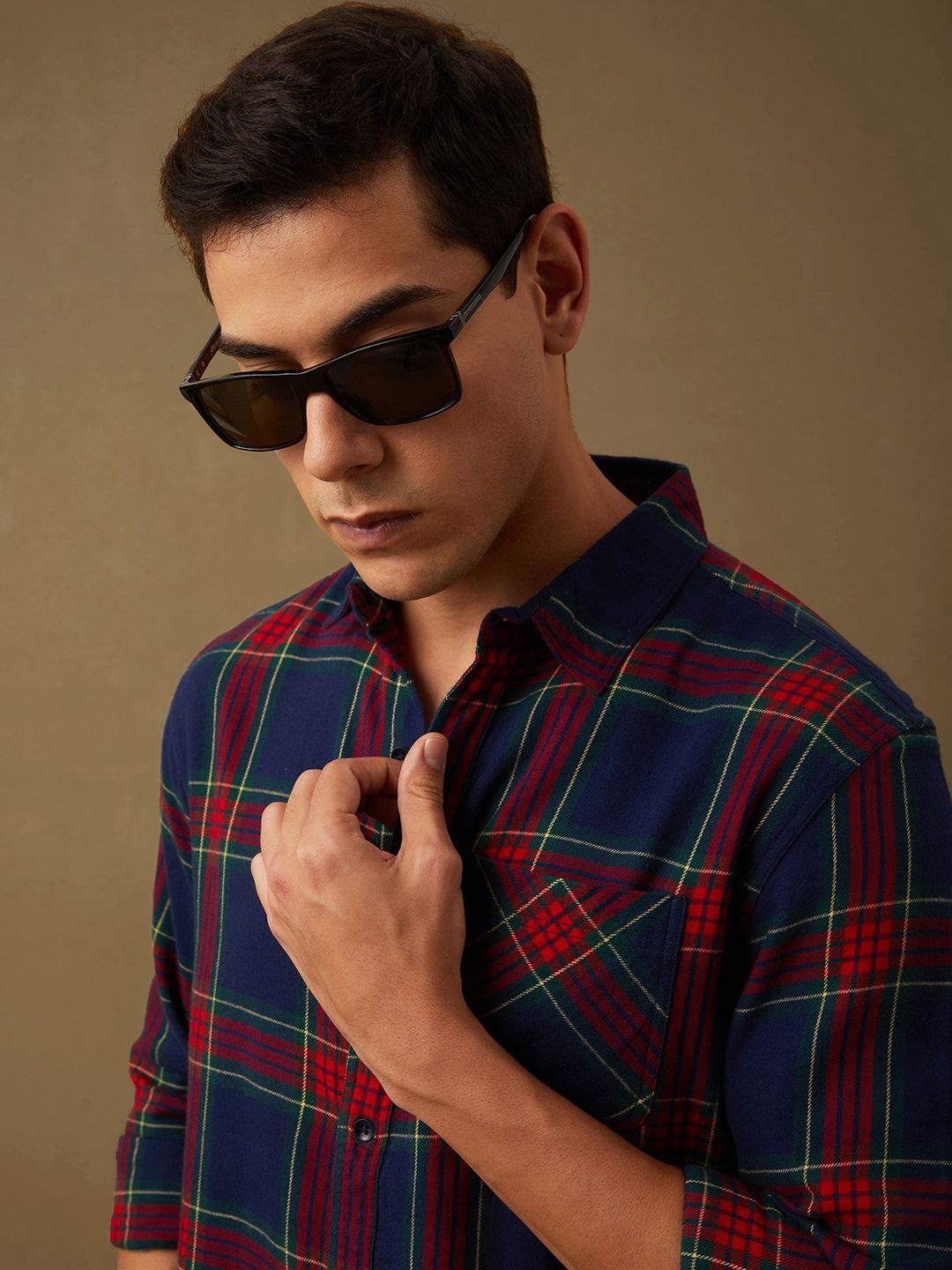 

DILLINGER Men Standard Spread Collar Checked Cotton Casual Shirt, Navy blue