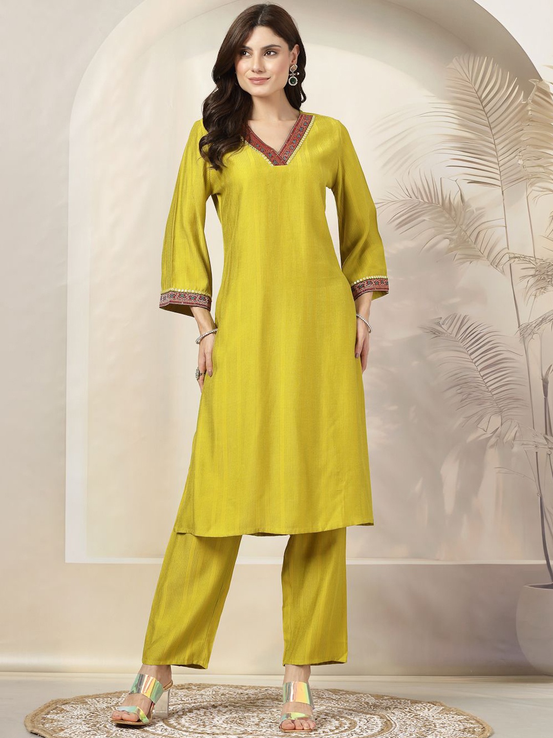 

Nayam By Lakshita V-Neck A-Line Kurta with Palazzo & Dupatta, Lime green