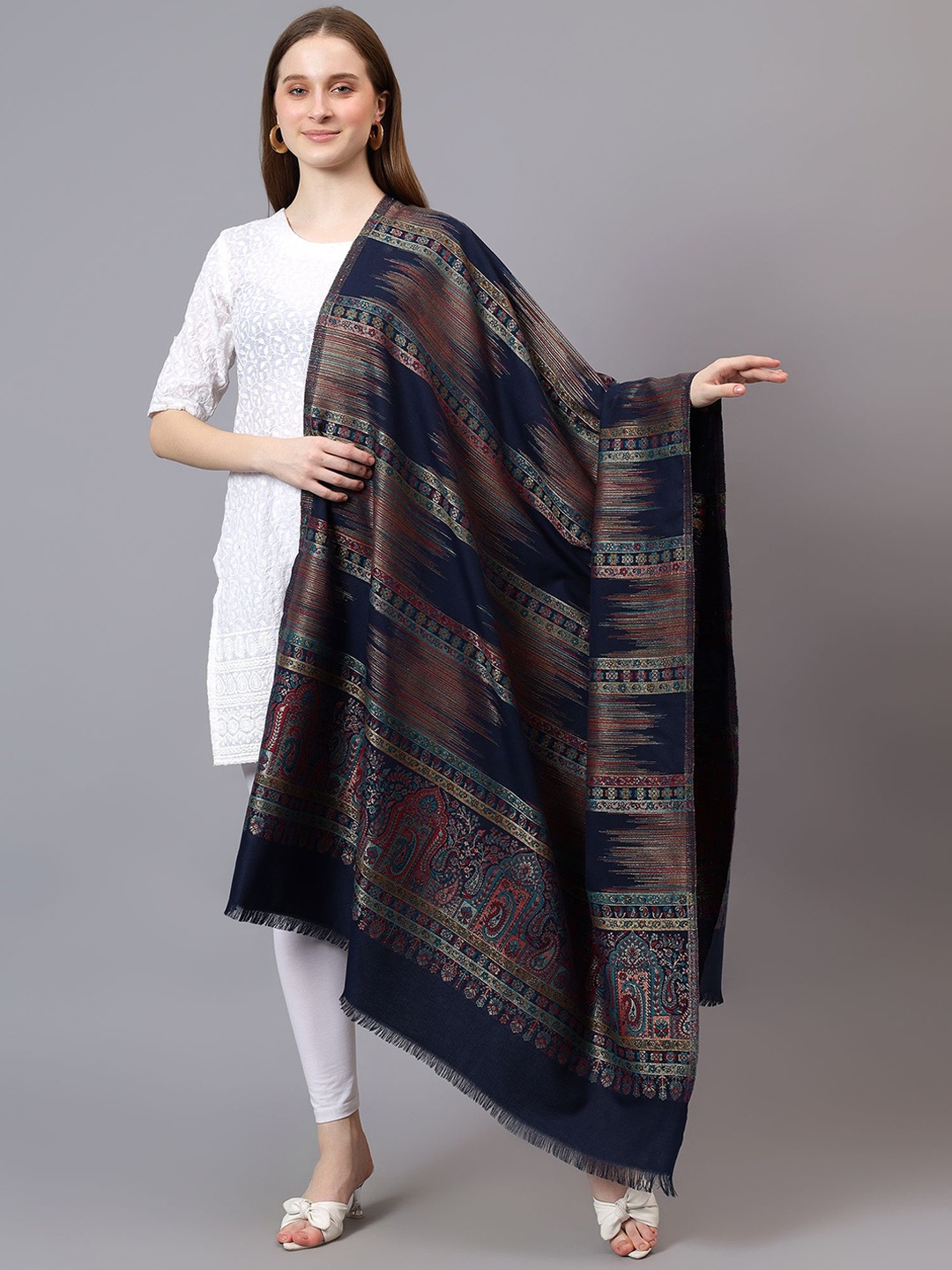 

Mizash Floral Woven Design Zari Woollen Shawl, Blue