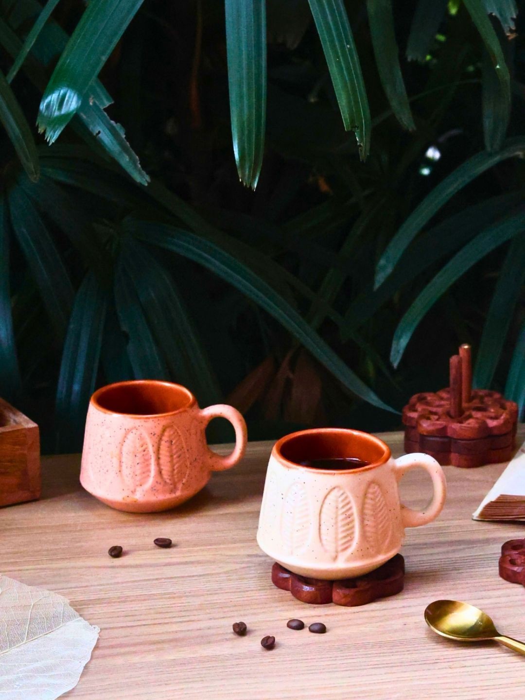 

WEAVING HOMES Beige & Brown 2 Pieces Textured Ceramic Glossy Mugs 200 ml Each