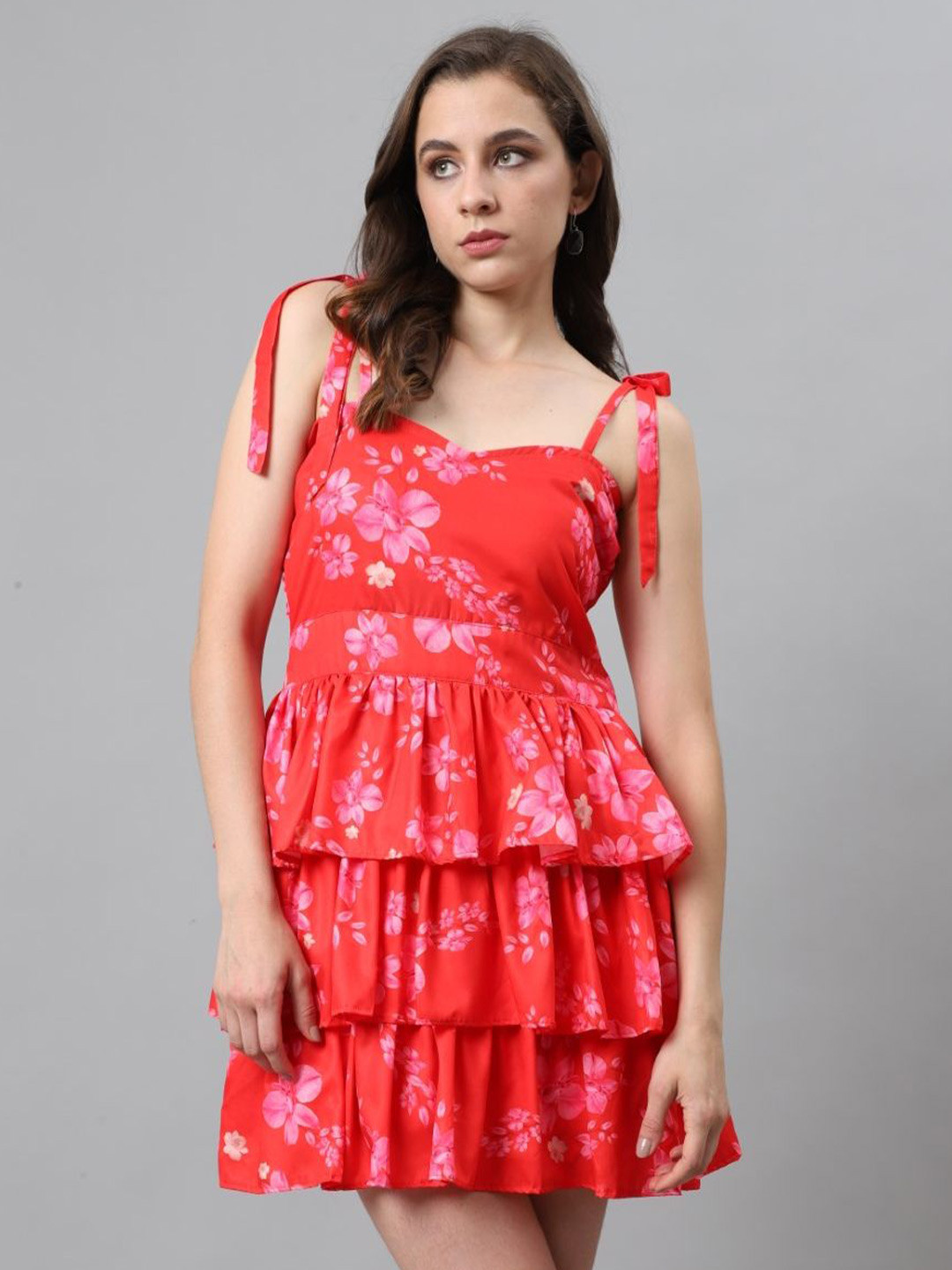 

VIRAGO Floral Printed Crepe Fit & Flare Mini Layered Dress, Red