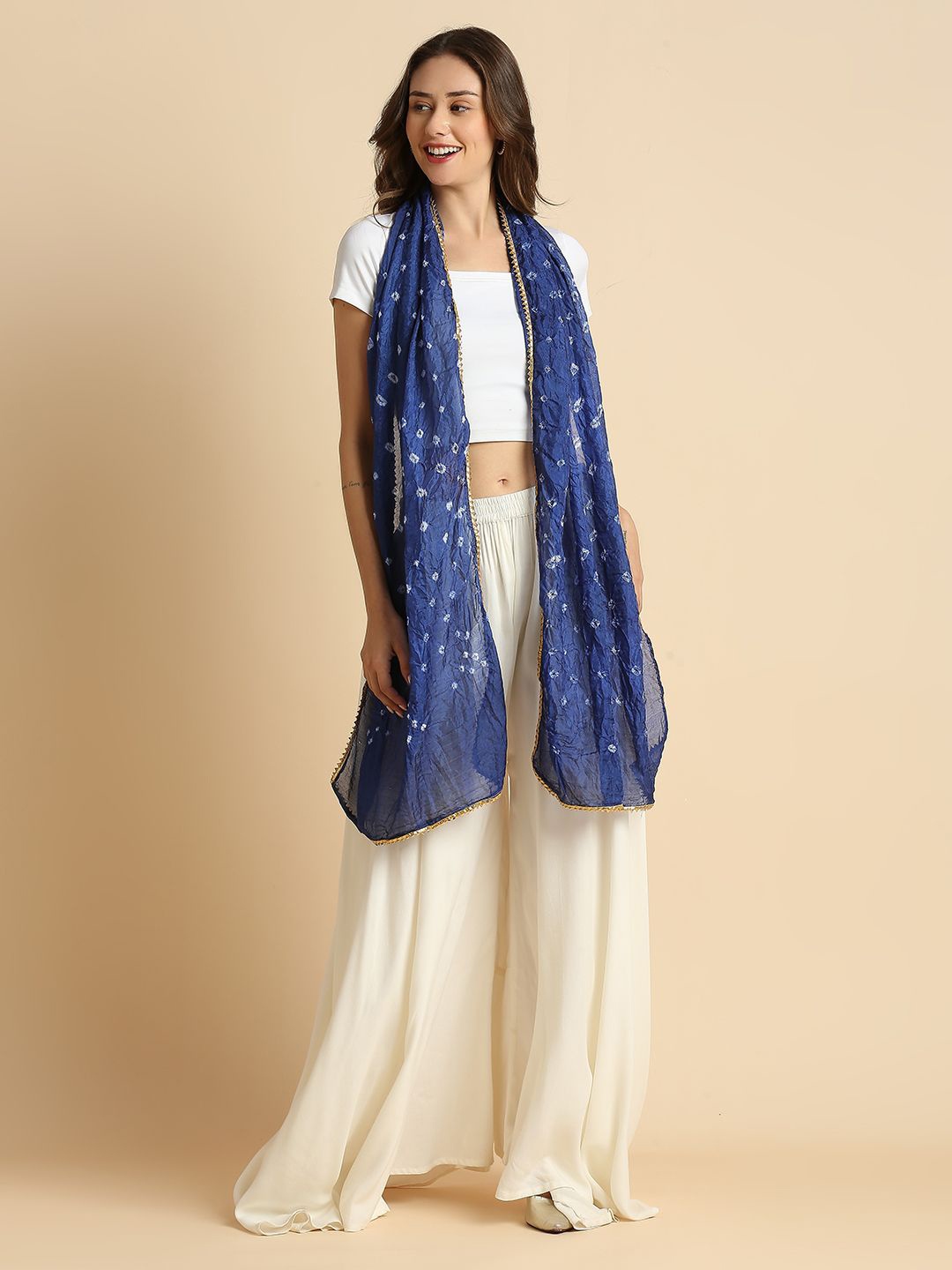 

Dupatta Bazaar Women Bandhini Stole with lace, Navy blue