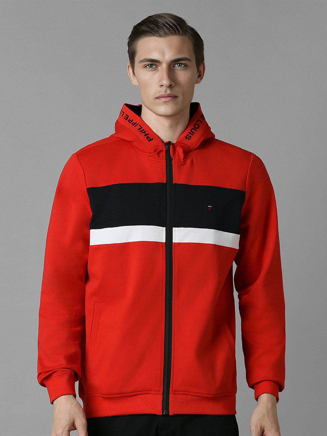 

Louis Philippe Sport Men Colourblocked Hooded Sweatshirt, Red