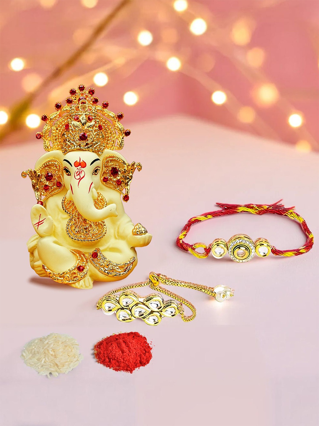 

Ekhasa Set Of 3 Bhaiya Bhabhi Rakhi With Ganesha Idol, Gold