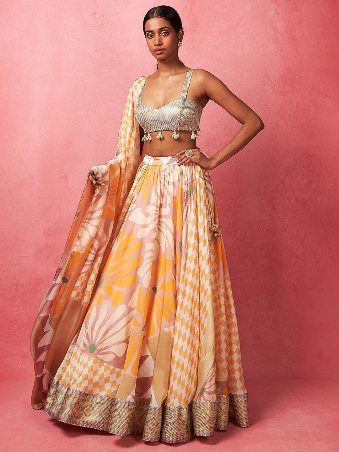 

Vedika M Floral Printed Ready to Wear Lehenga & Blouse With Dupatta, Yellow