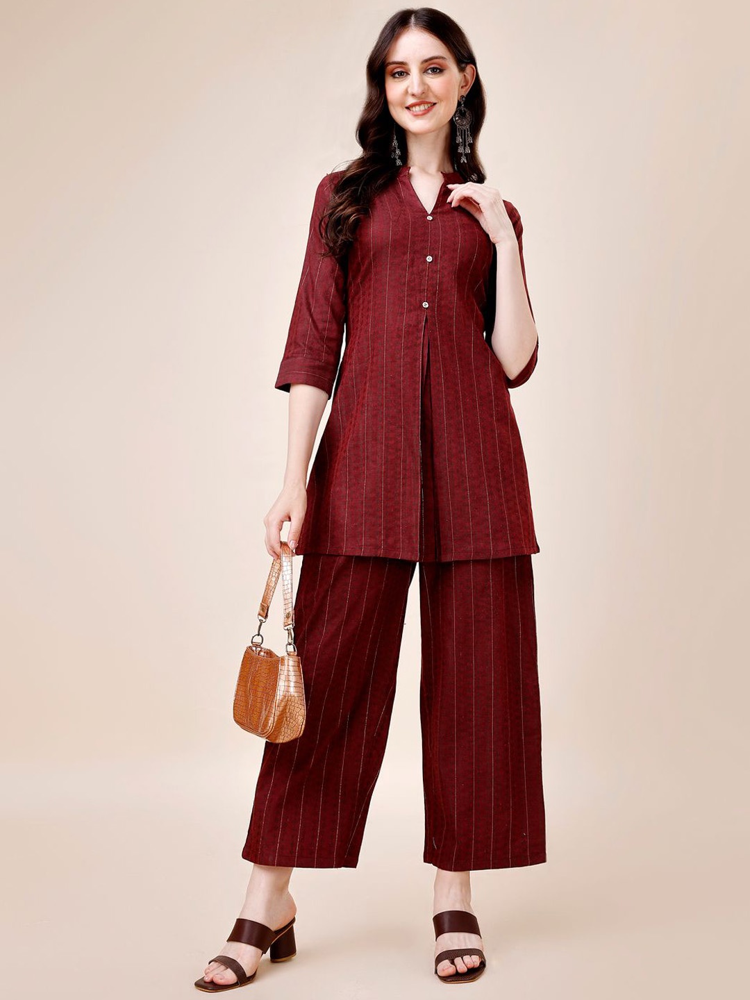 

Growdamy Striped Pure Cotton Three Quarter Sleeve Tunic & Trouser Co-Ords, Maroon