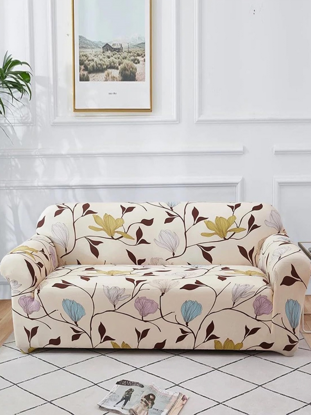 

B BESTILO Beige & Green Printed 3 Seater Sofa Cover With Arms