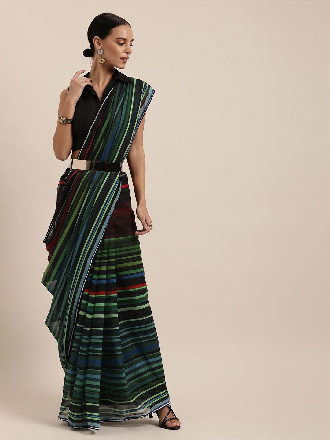 

Somras Striped Pure Georgette Saree, Green