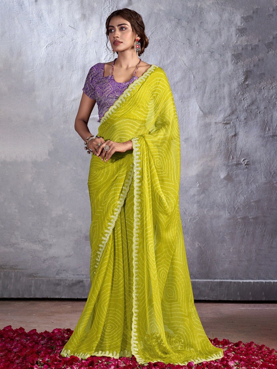 

MySilkLove Bandhani Embroidered Pure Georgette Saree, Yellow