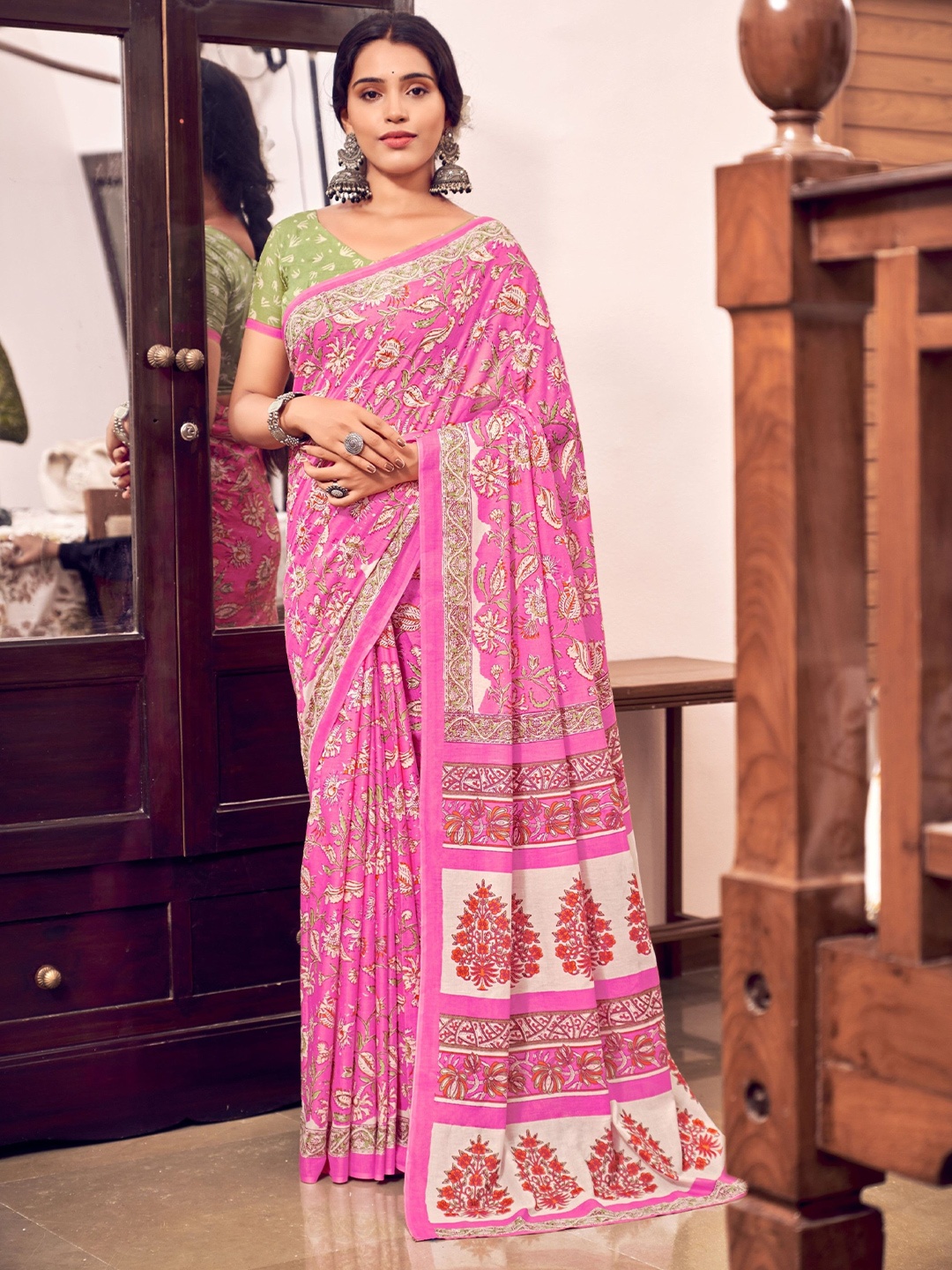 

Anaita Ethnic Motifs Pure Cotton Bagru Saree, Pink