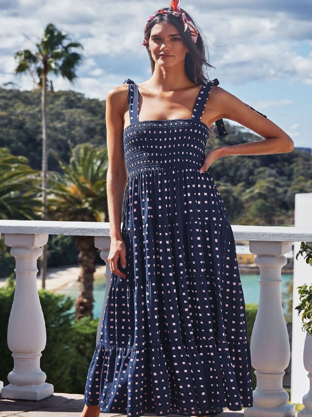 

StyleCast Polka Dot Printed Shoulder Straps Georgette Fit & Flare Maxi Dress, Navy blue