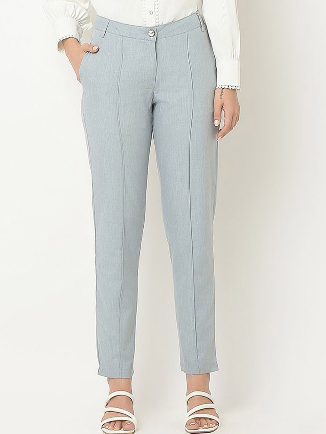 

NOT SO PINK Women Tailored Straight Fit Pleated Trousers, Grey