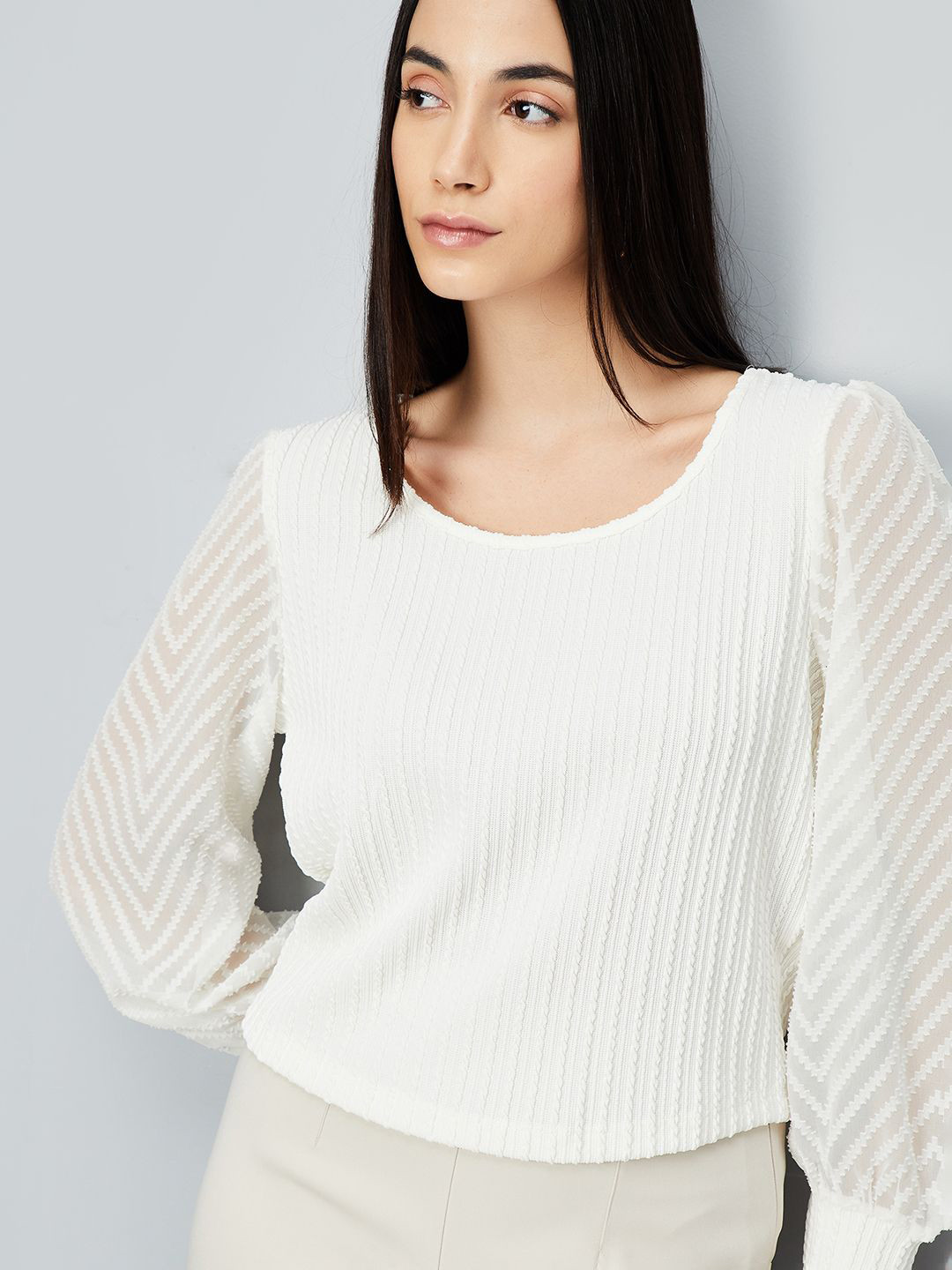 

max Women Striped Round Neck Cotton Top, Beige