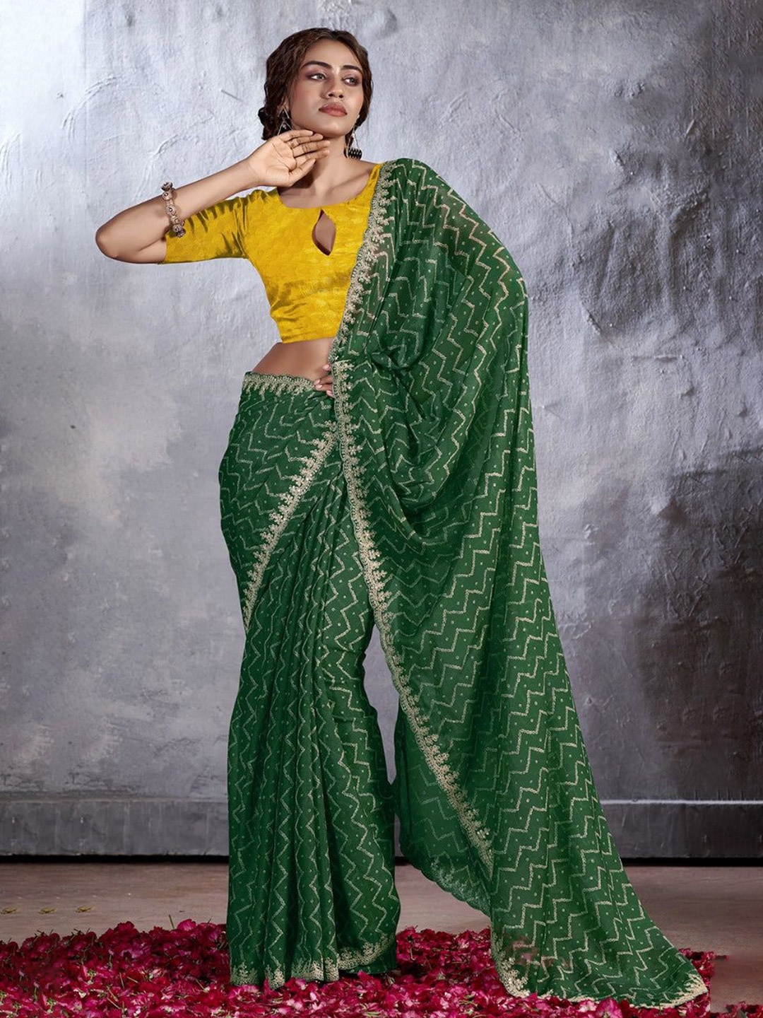 

MySilkLove Sequinned Pure Georgette Green Saree