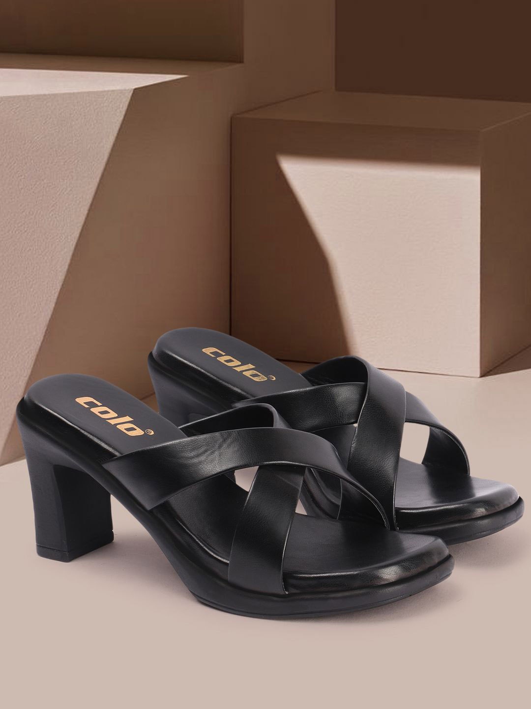 

Colo Synthetic Leather Open Toe Block Heel Sandals, Black