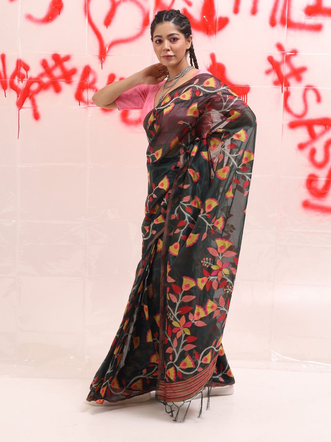 

Tikhi Imli Floral Organza Ready to Wear Green Saree