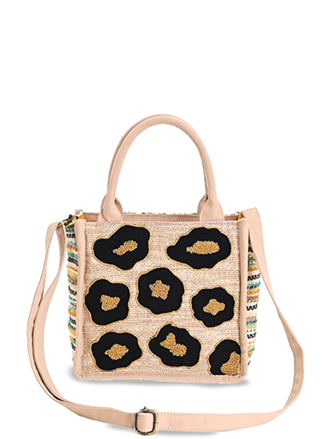 

BohoGirl Geometric Embellished Cotton Structured Handheld Bag, Beige