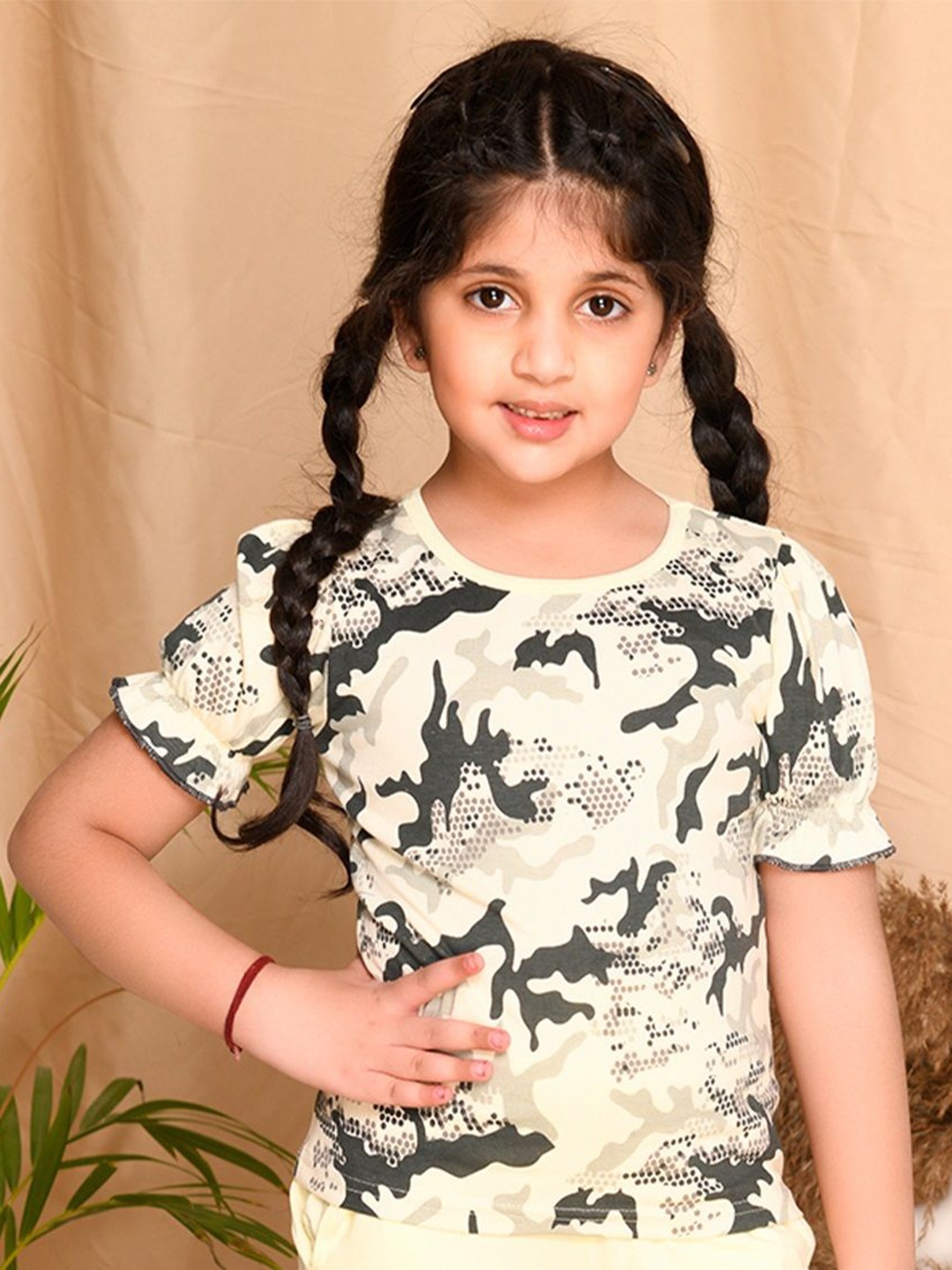 

Kids Cave Girls Abstract Printed Round Neck Cotton T-Shirt, Beige