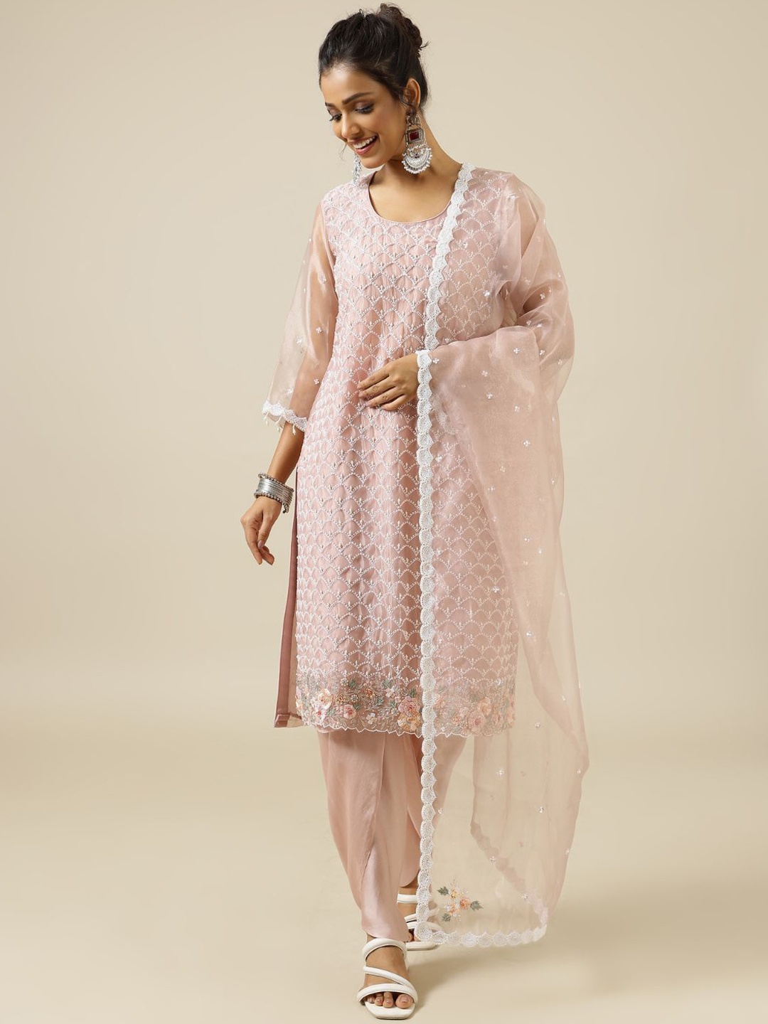 

Shreeka Embroidered Regular Beads and Stones Kurta with Dhoti Pants & With Dupatta, Pink