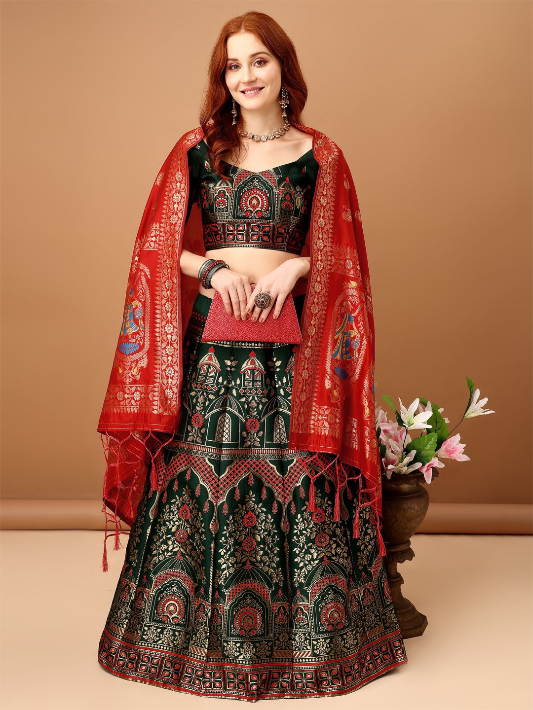 

MAGMINA Woven Design Semi-Stitched Lehenga & Unstitched Blouse With Dupatta, Green