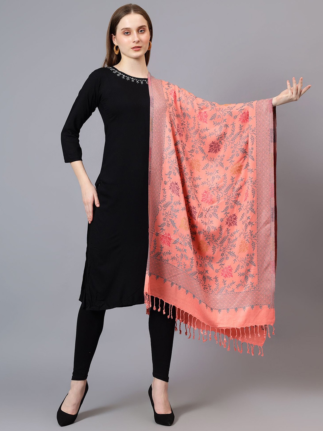 

Mizash Floral Woven Design Woollen Shawl, Peach