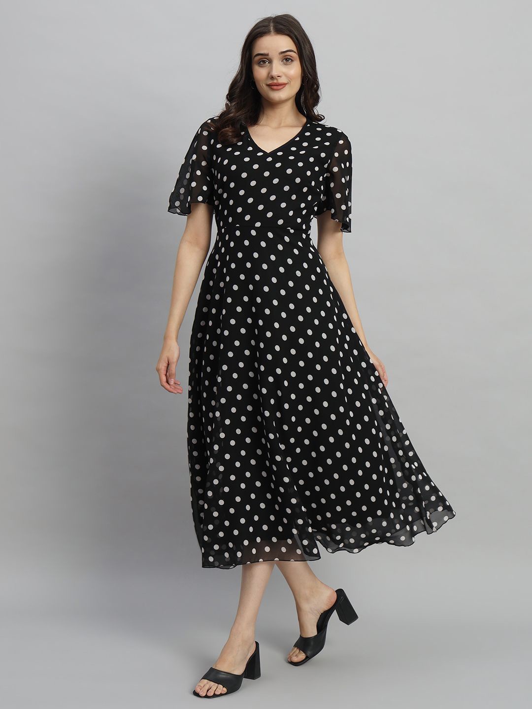 

Curvydrobe Polka Dot Flared Sleeve A-Line Midi Dress, Black