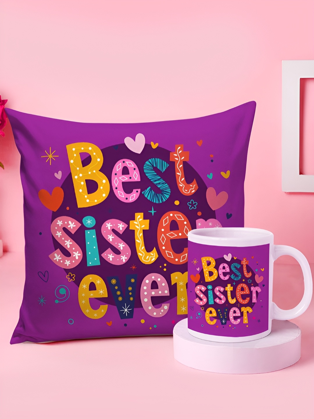 

TIED RIBBONS 2- Pcs Purple & yellow Printed Cushion With Mug Rakhi Return Gift