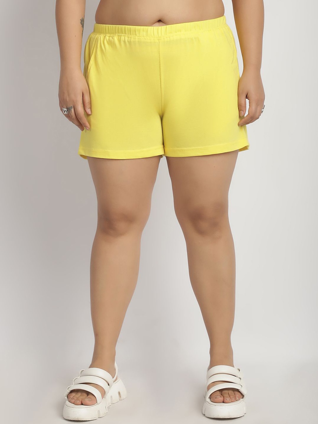 

thkgrlz Women Plus Size Mid Rise Sports Shorts, Yellow