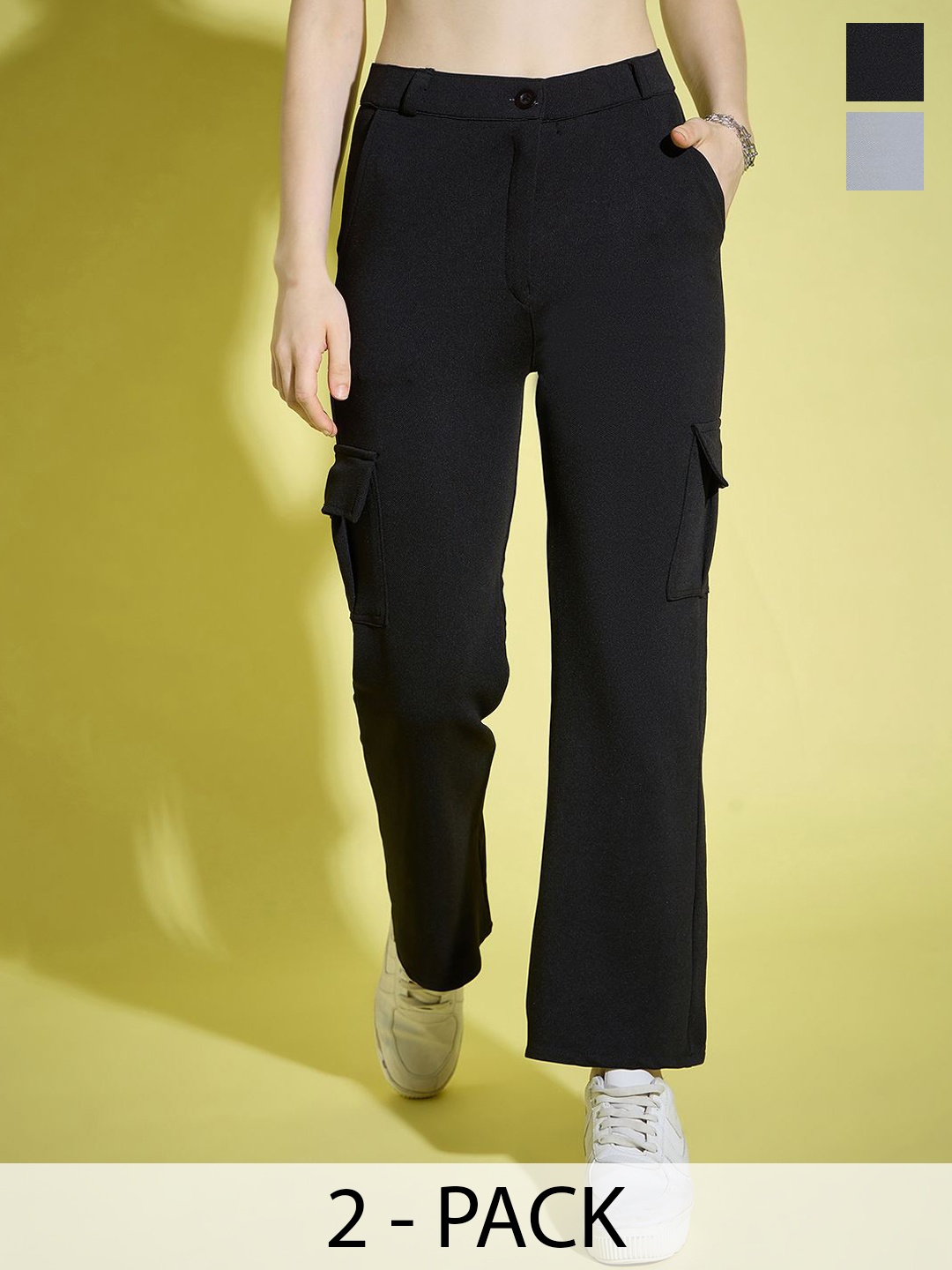 

BUY NEW TREND Pack of 2 Women Relaxed Straight Fit High-Rise Wrinkle Free Cargos Trousers, Black