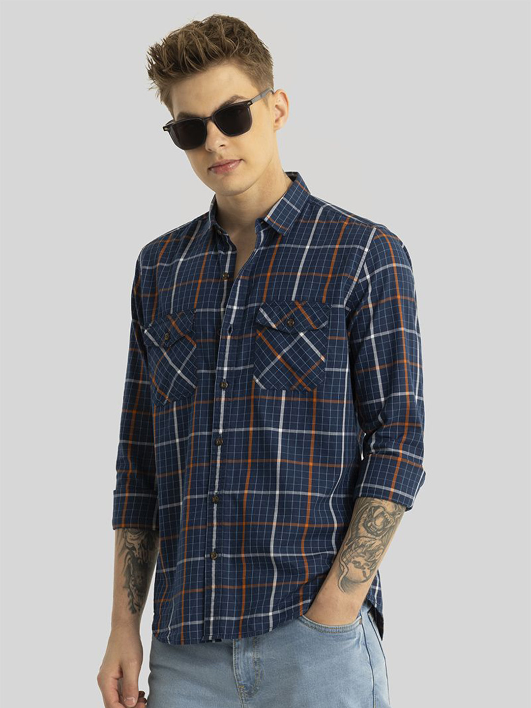 

Snitch Men Smart Slim Fit Tartan Checks Opaque Pure Cotton Casual Shirt, Navy blue