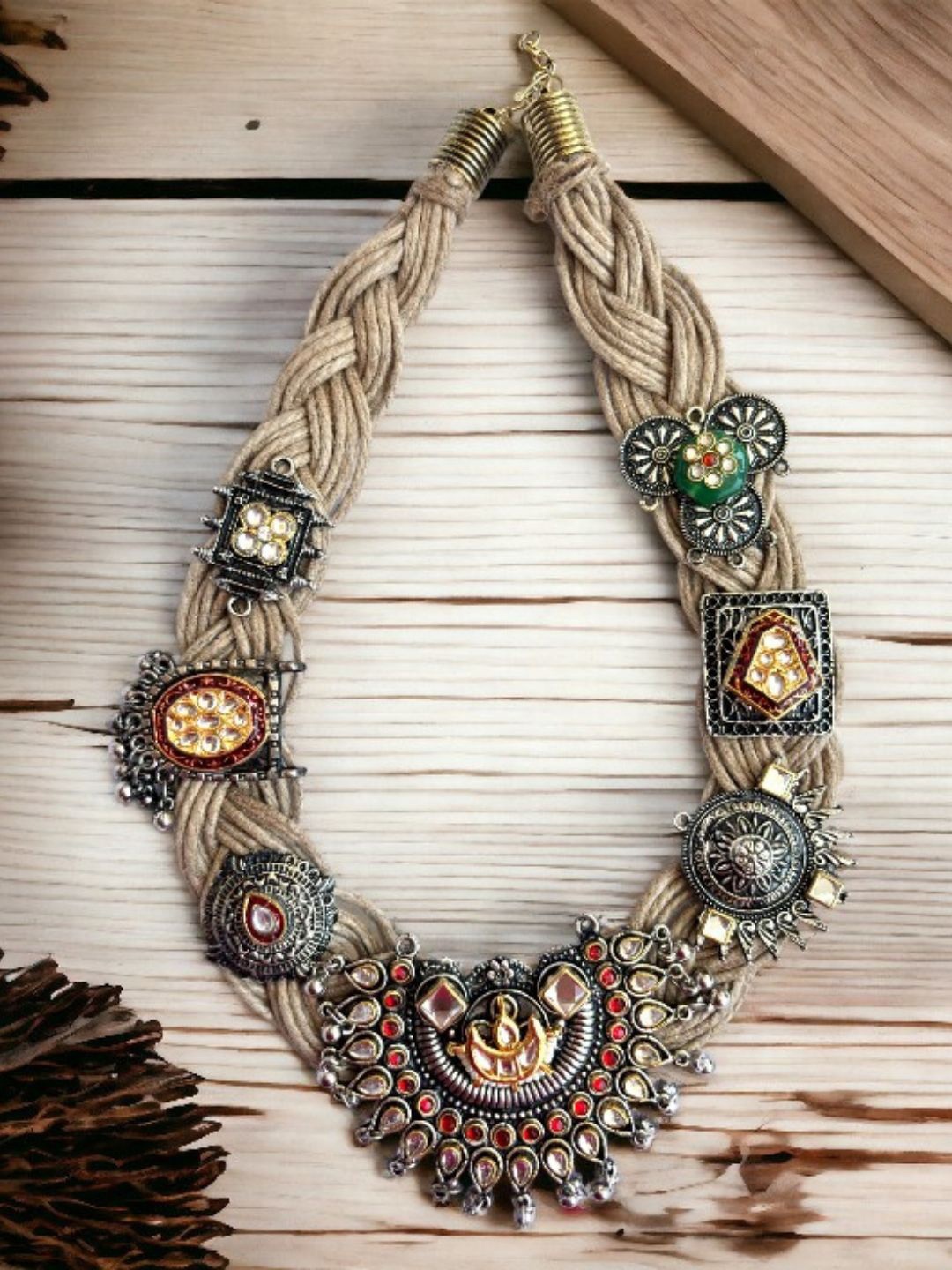 

VIVAZS Brass And Jute Oxidised Silver Gold Plated Kundan Studded Crochet Necklace