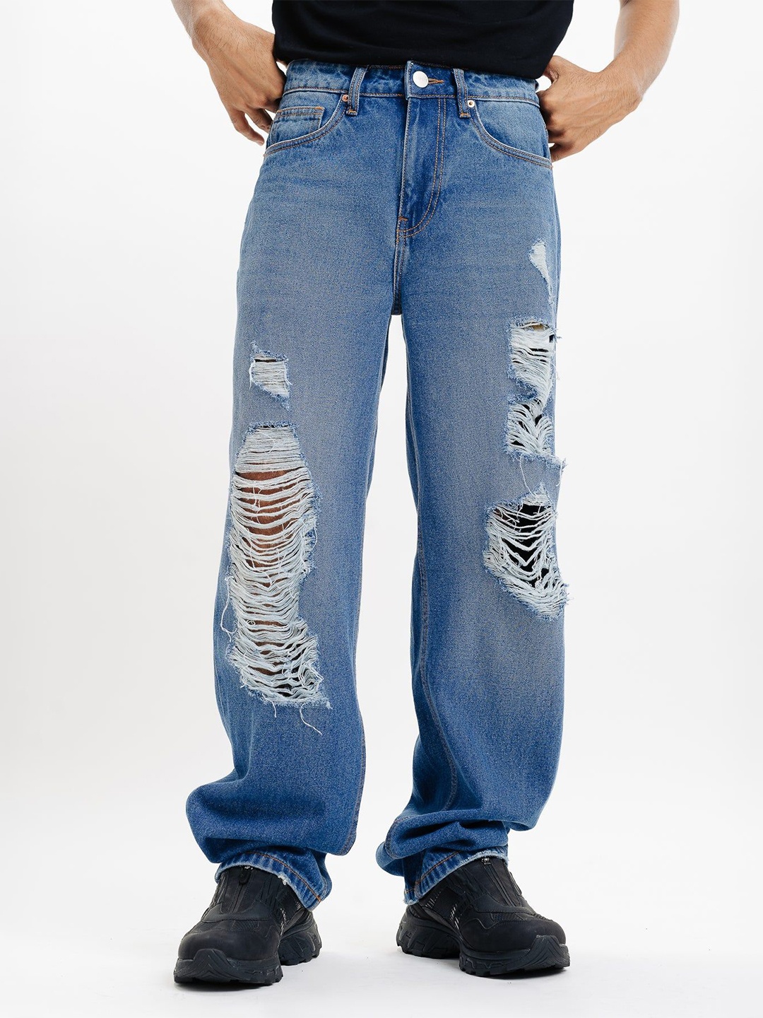 

FREAKINS Men Relaxed Fit High-Rise Highly Distressed Ripped Heavy Fade Jeans, Blue