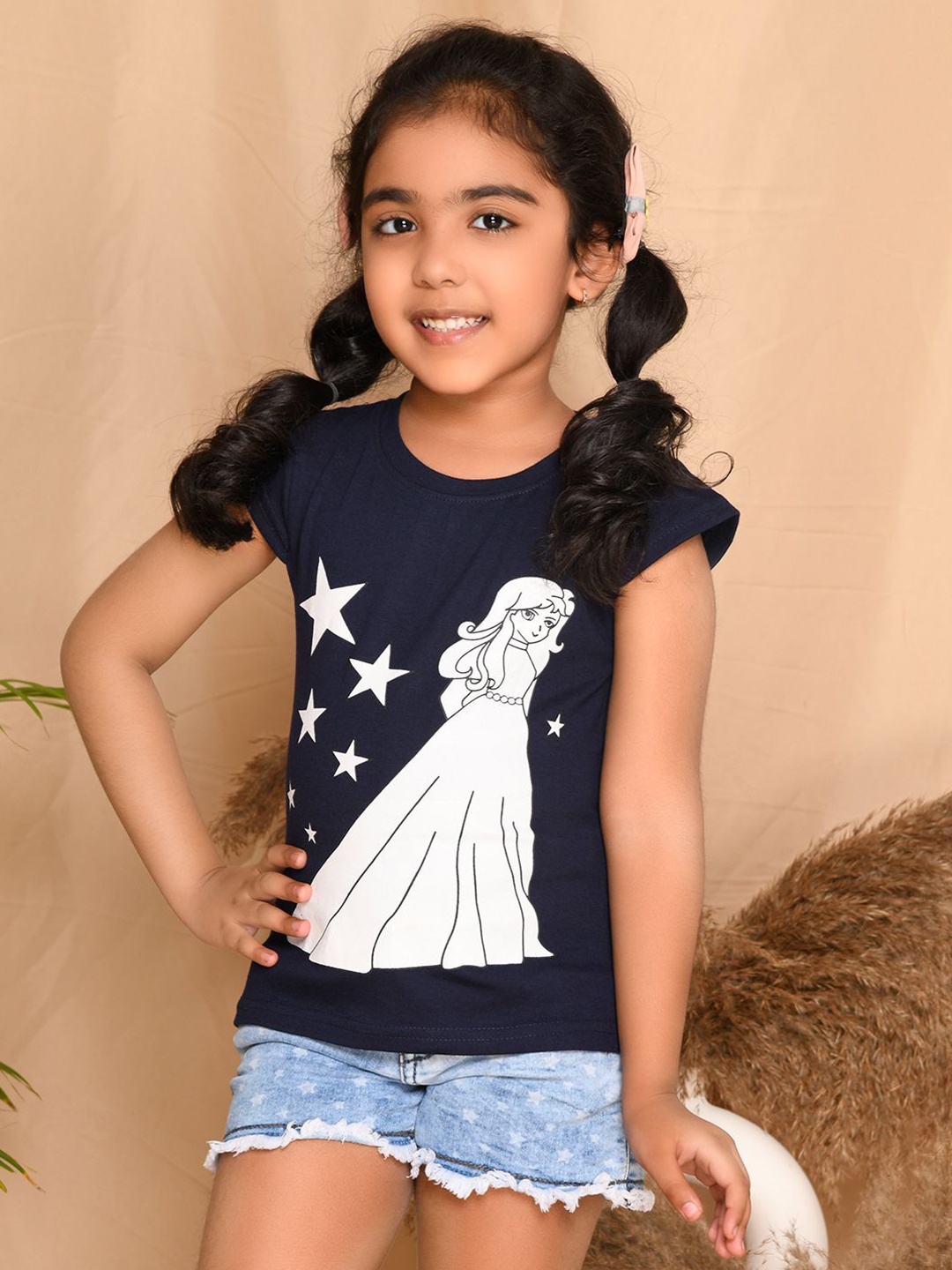 

Kids Cave Girls Graphic Printed Round Neck Cotton T-Shirt, Navy blue