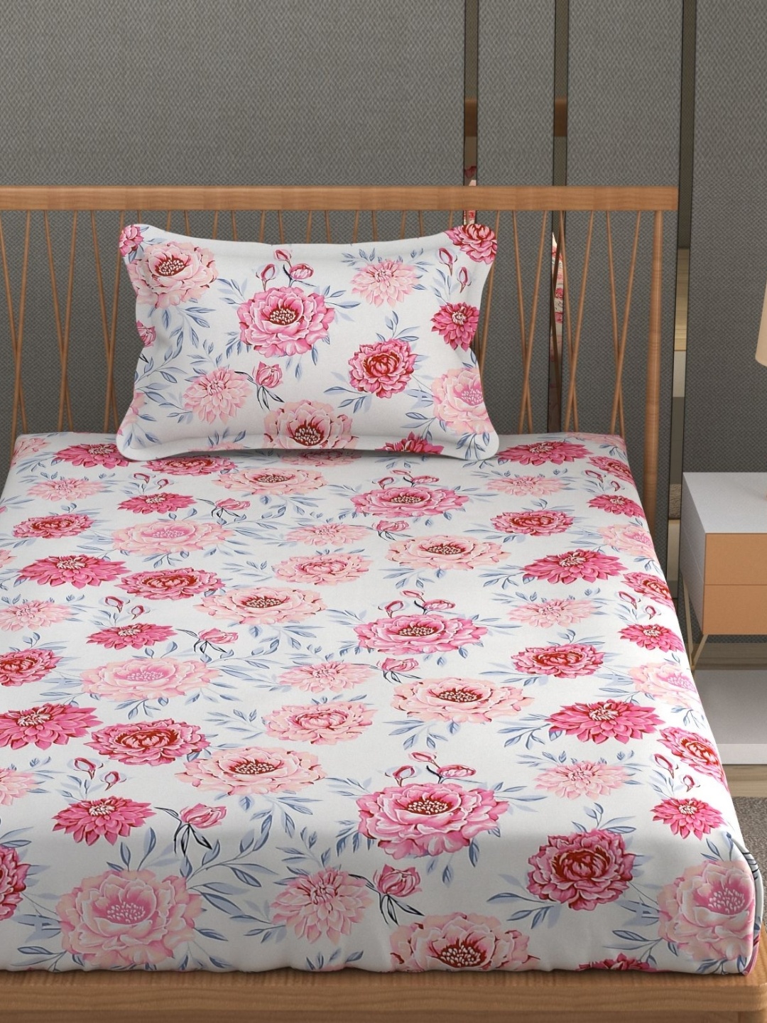 

MallowWorld Grey & Pink Microfiber Floral 200 TC Single Bedsheet with 1 Pillow Cover