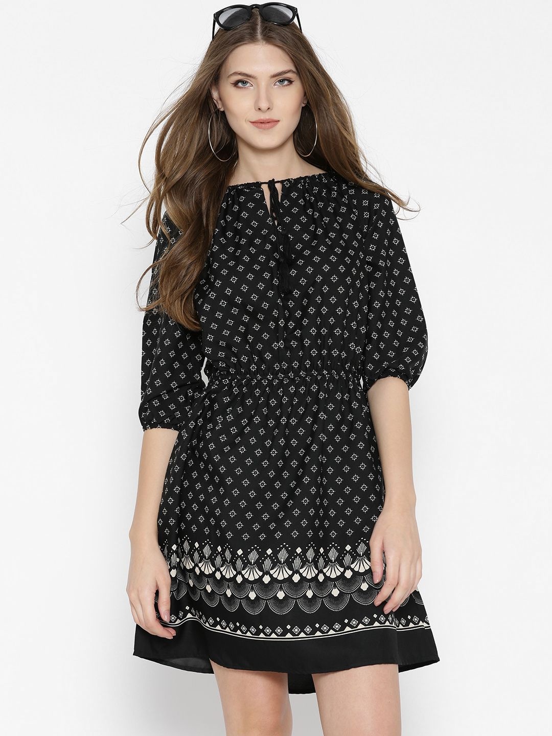 

Sera Ethnic Motifs Printed Tie-Up Neck Crepe Fit & Flare Mini Dress, Black