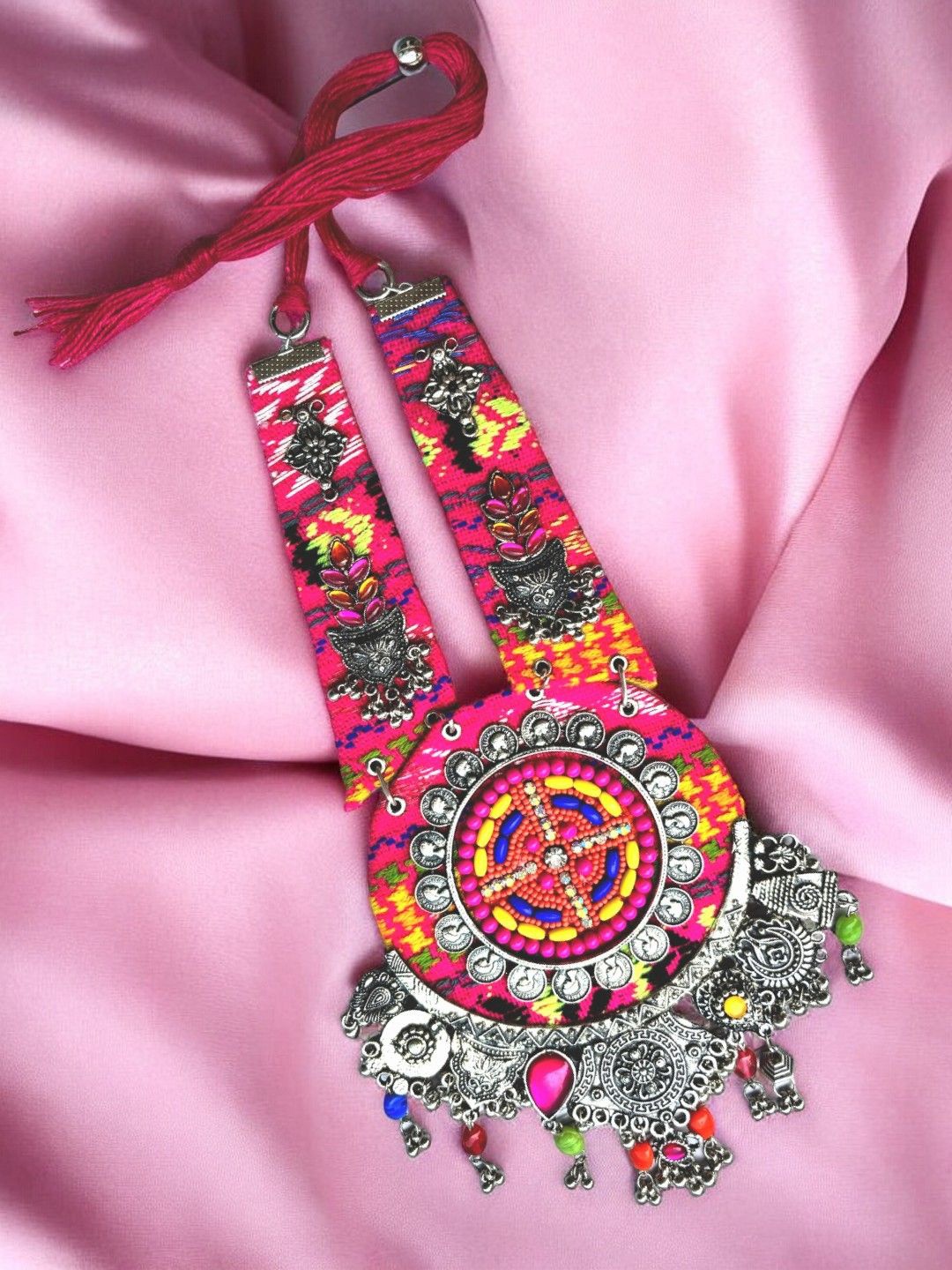 

VIVAZS German Silver Plated Stones Studded & Beaded Oxidised Statement Necklace