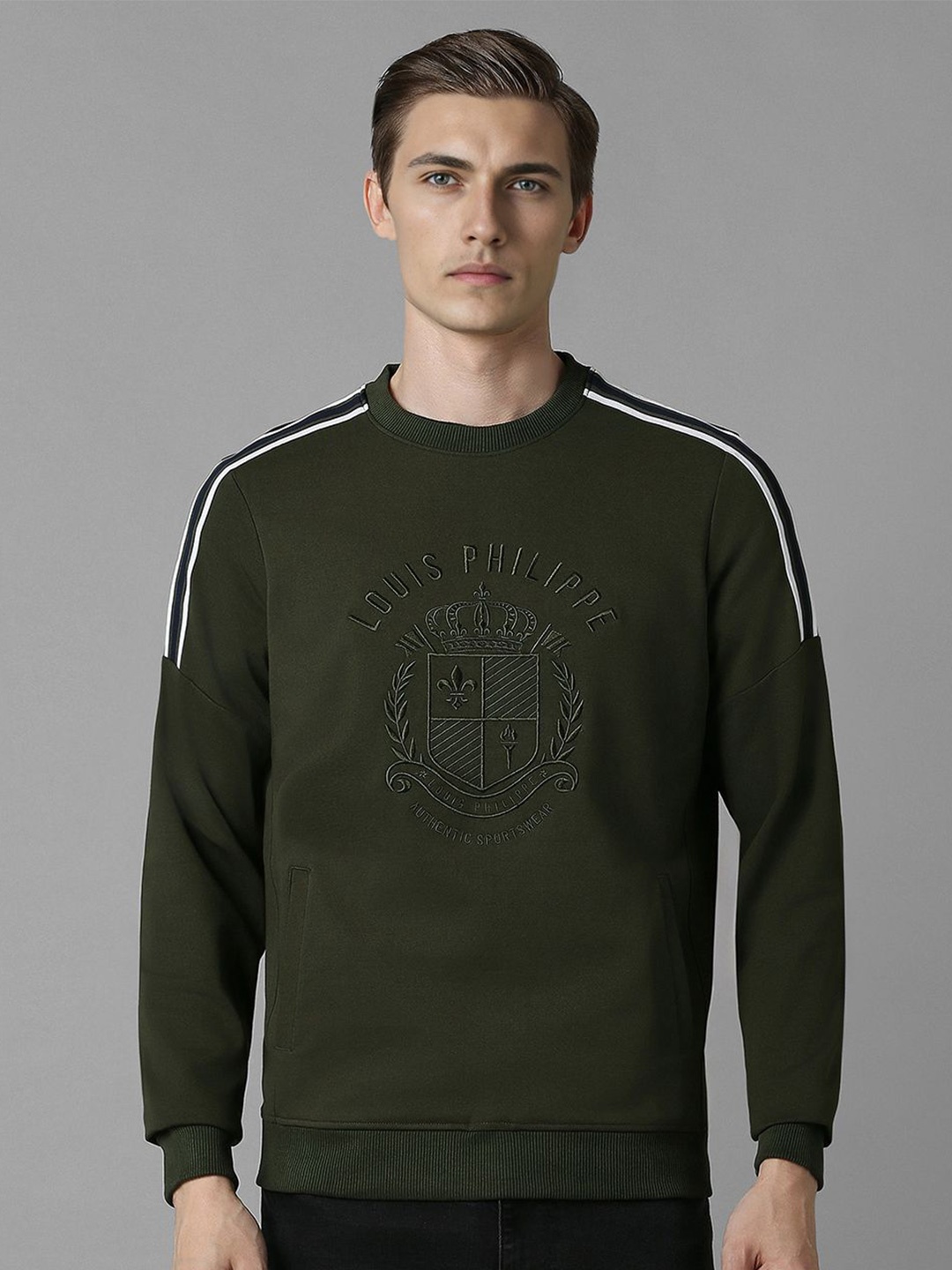 

Louis Philippe Sport Men Embroidered Brand Logo Cotton Sweatshirt, Olive