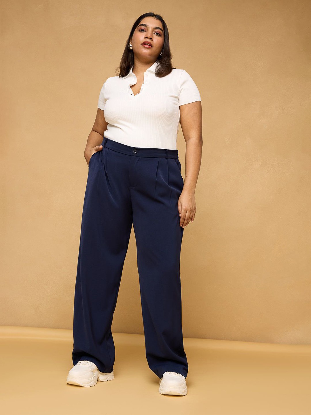 

FREAKINS Curve Navy Blue Pleated Korean Pants
