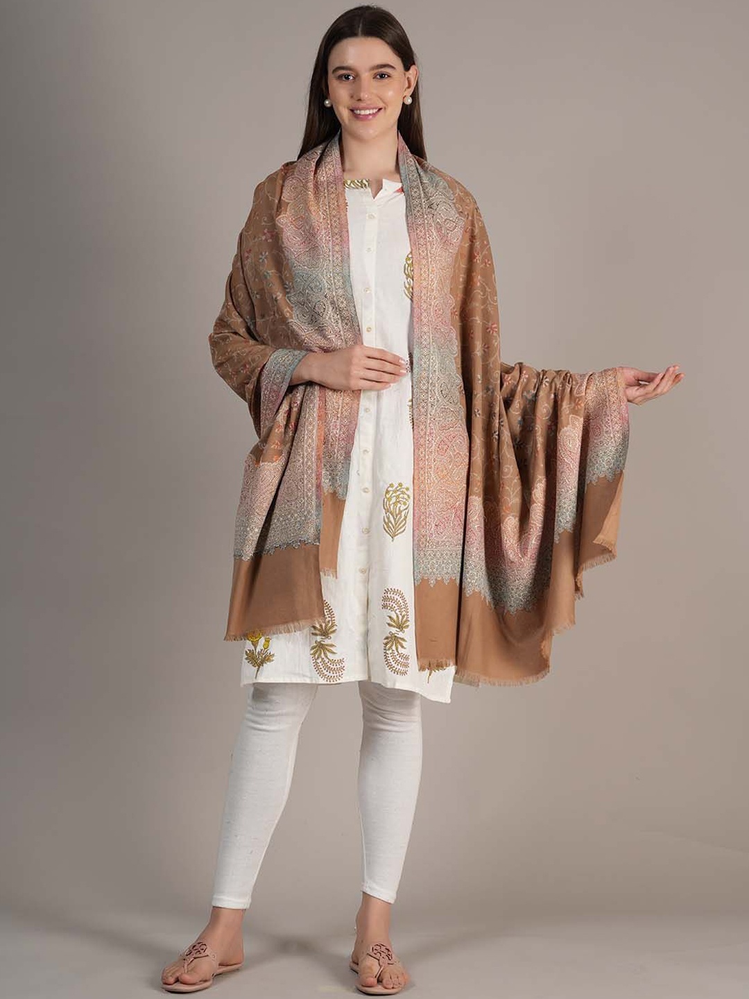 

MUFFLY Floral Embroidered Shawl, Beige