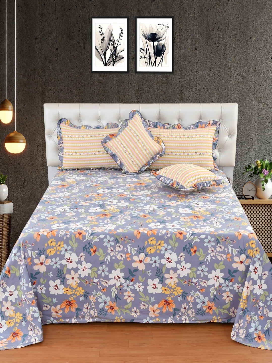 

BREVARD Blue 5 Pieces Floral Cotton Double King Regular Bedding Set