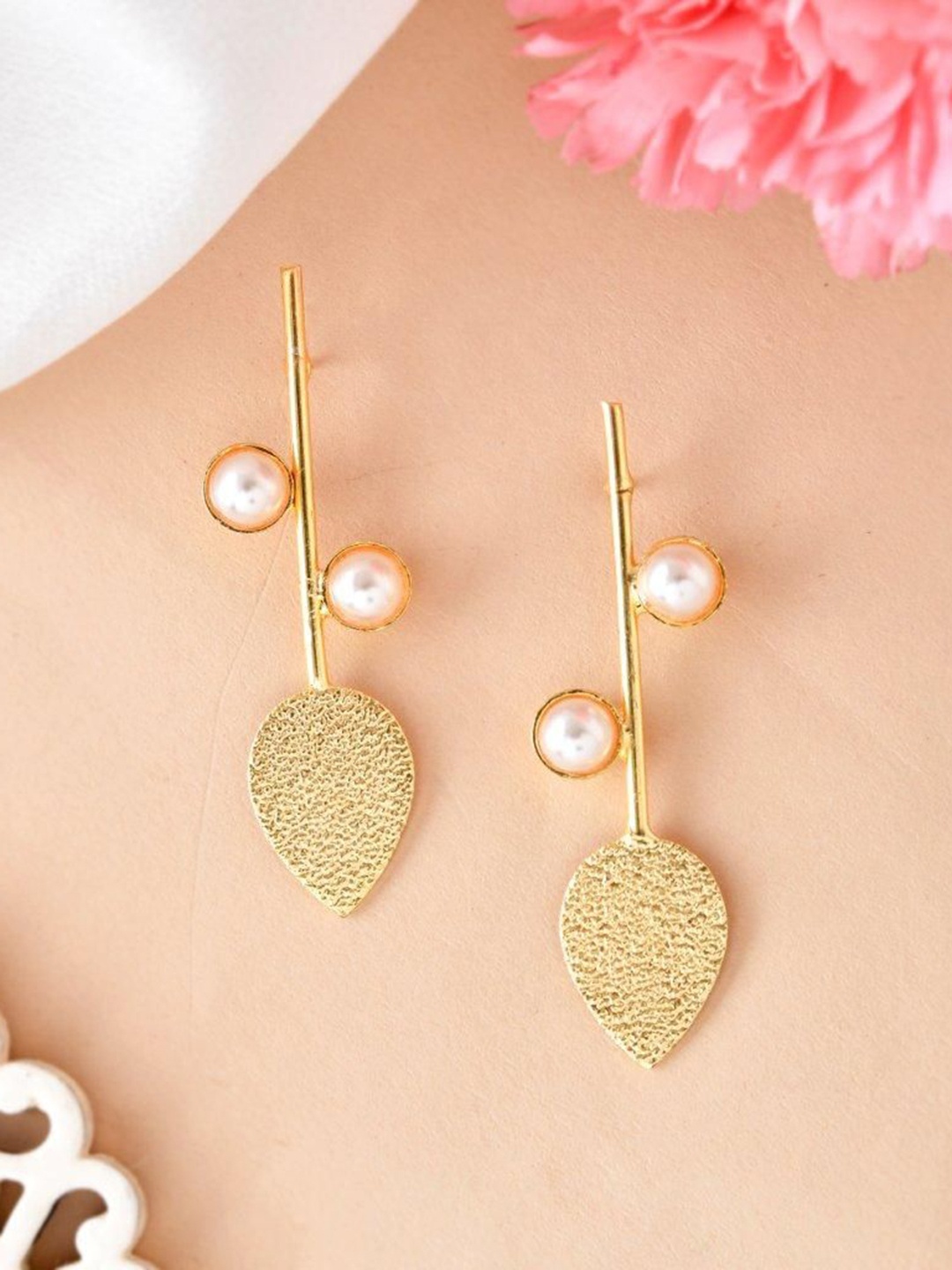 

VOJ Leaf Shaped Gold Plated Stainless Steel Leaf Shaped Pearls Beaded Drop Earrings