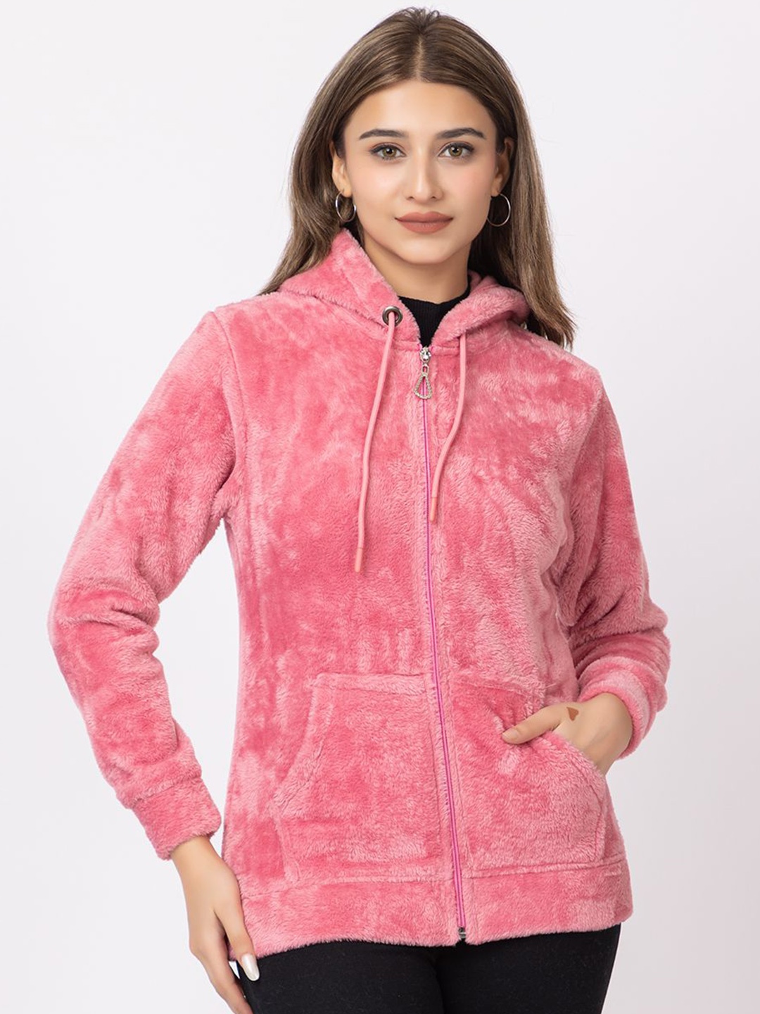 

LO G LO Women Solid Hooded Knitted Sweatshirt, Pink