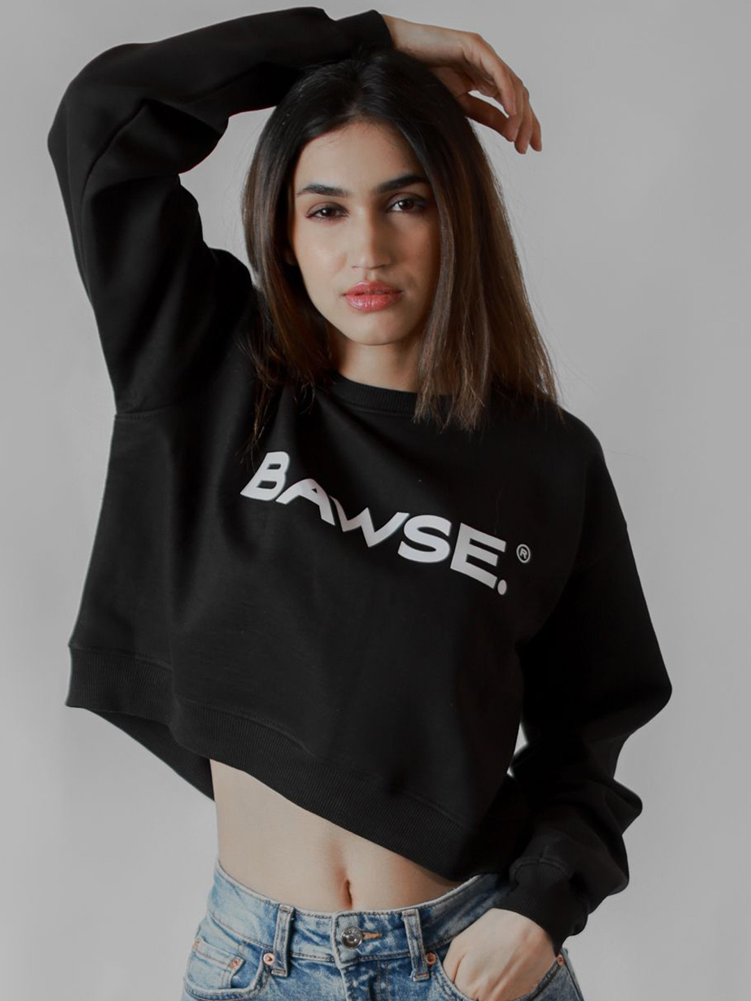 

BAWSE. Women Typography Printed Knitted Sweatshirt, Black