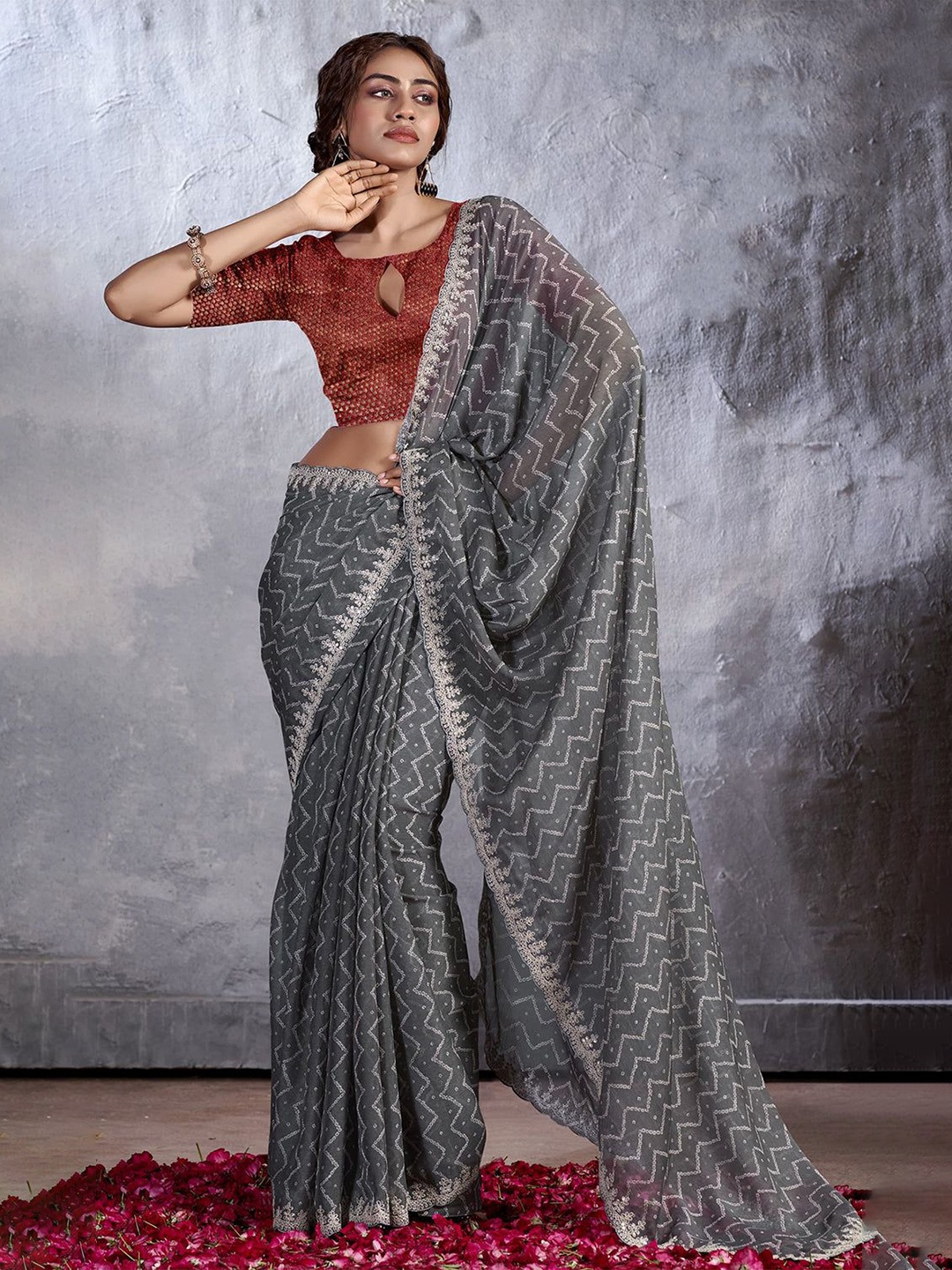 

MySilkLove Bandhani Sequinned Pure Georgette Grey Saree