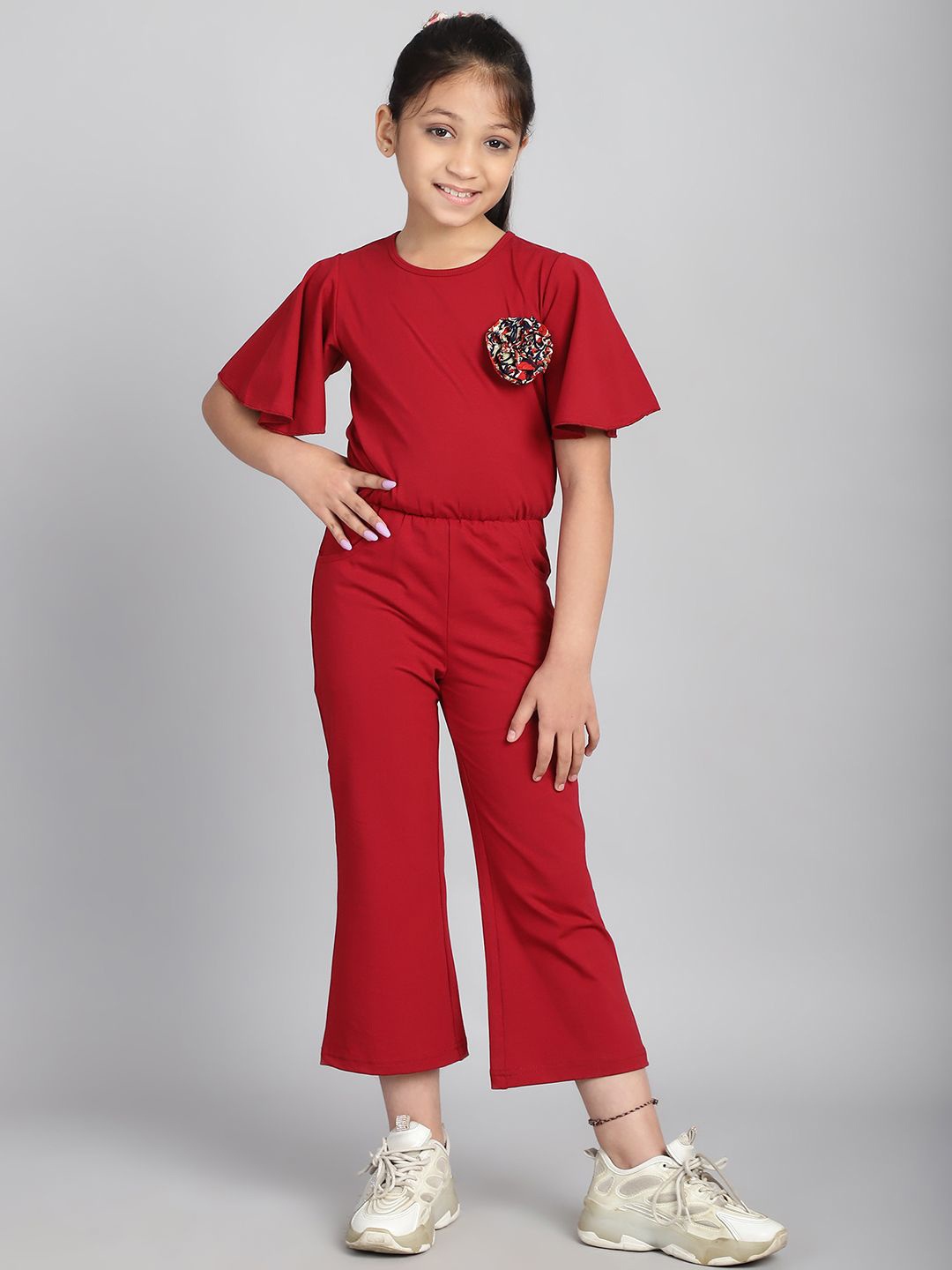 

Baawri Girls Flared Sleeve Applique Basic Jumpsuit, Maroon