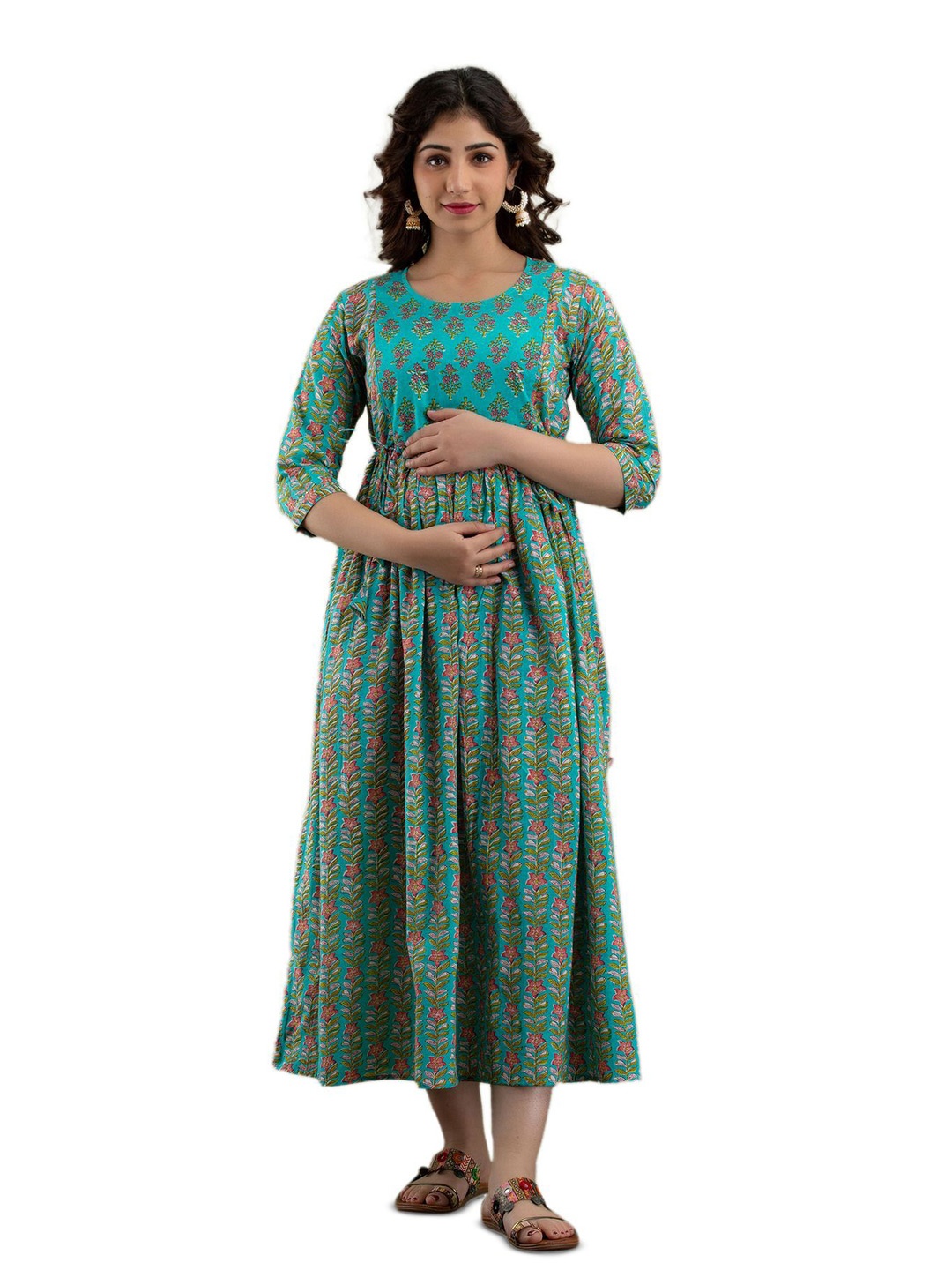 

SHOOLIN Ethnic Motifs Printed Pure Cotton Maternity Fit & Flare Ethnic Dress, Green