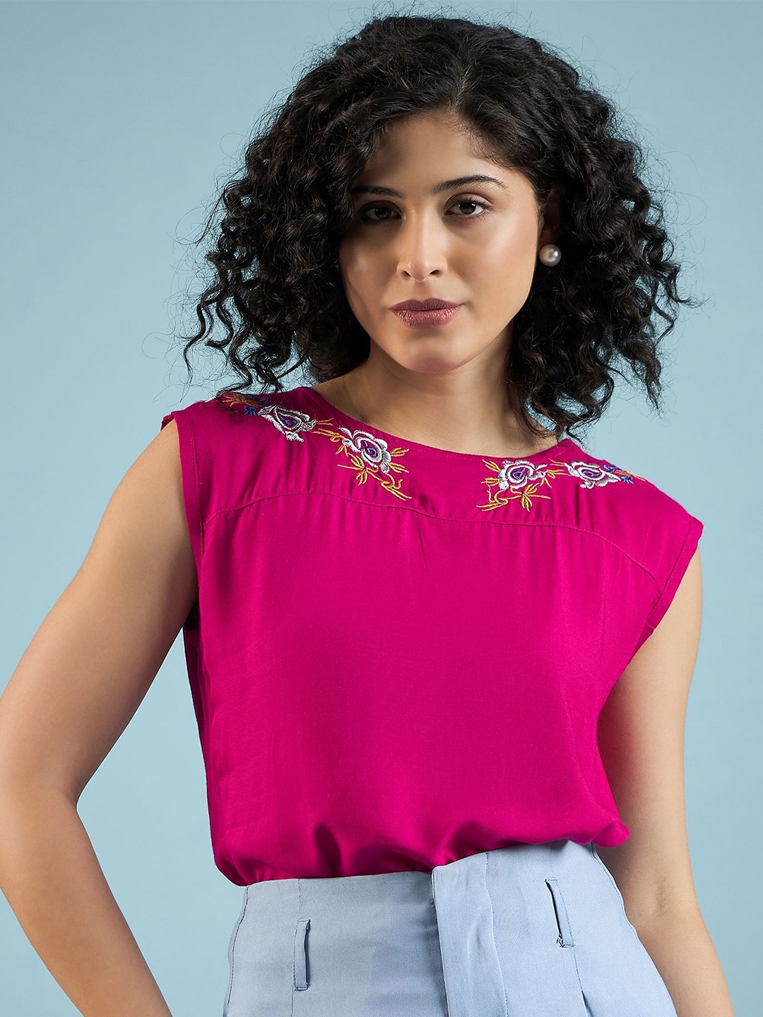 

DressBerry Women Floral Embroidered Round Neck Viscose Rayon Top, Fuchsia