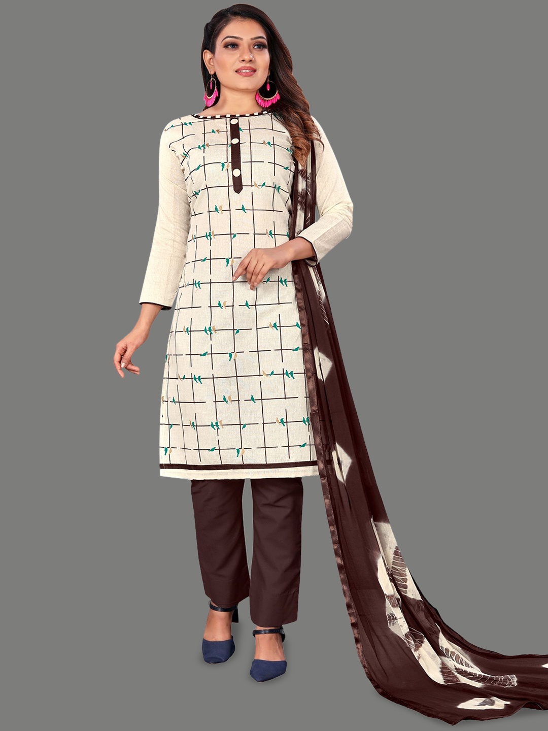 

JULEE Geometric Printed Pure Cotton Unstitched Dress Material, White
