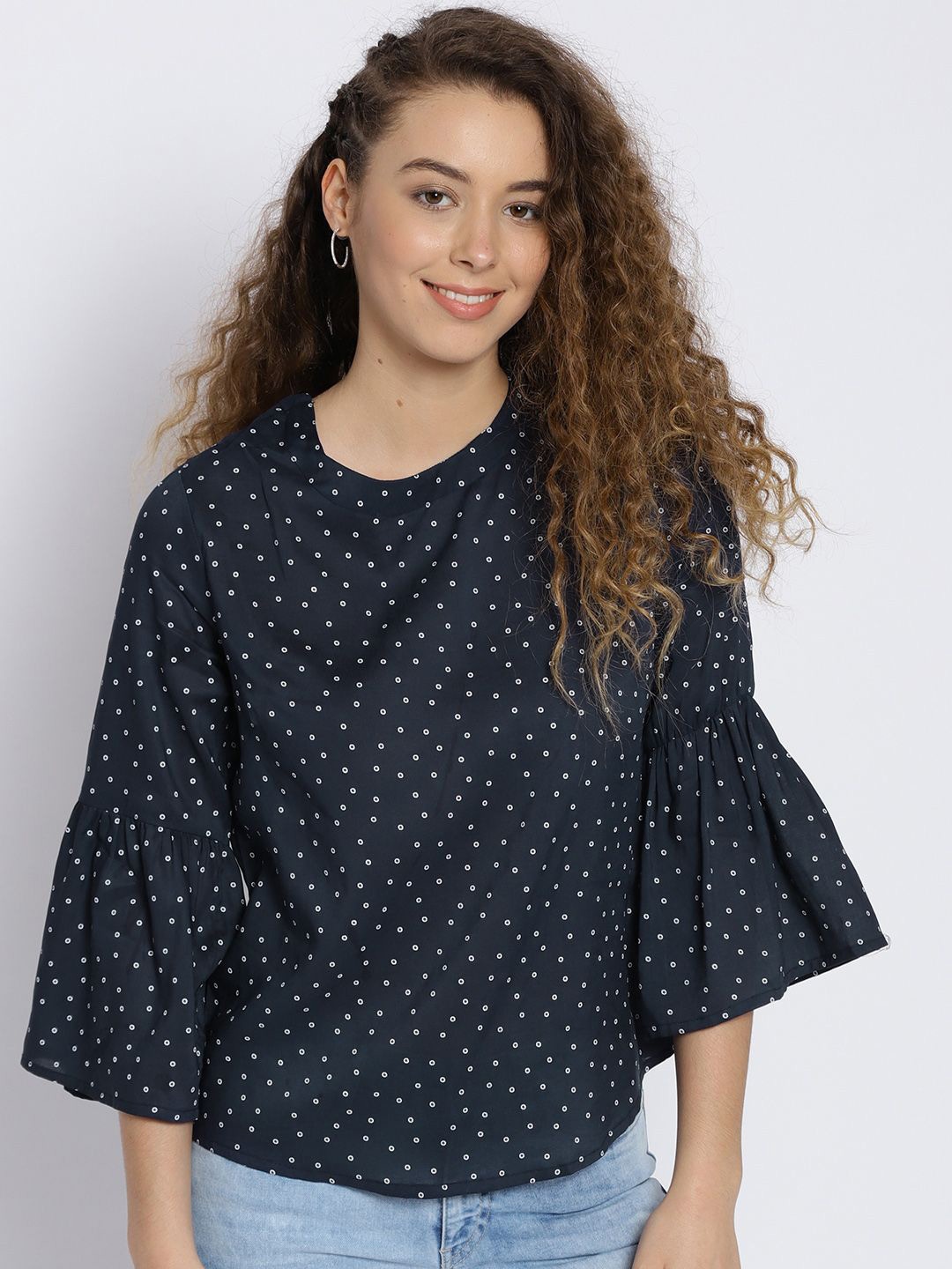 

Sera Women Polka Dots Printed Round Neck Top, Navy blue