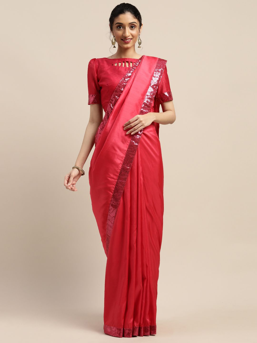 

KULNAARI Solid Sequinned Silk Blend Saree, Pink